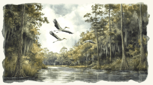 Wood Storks FLy Overhead